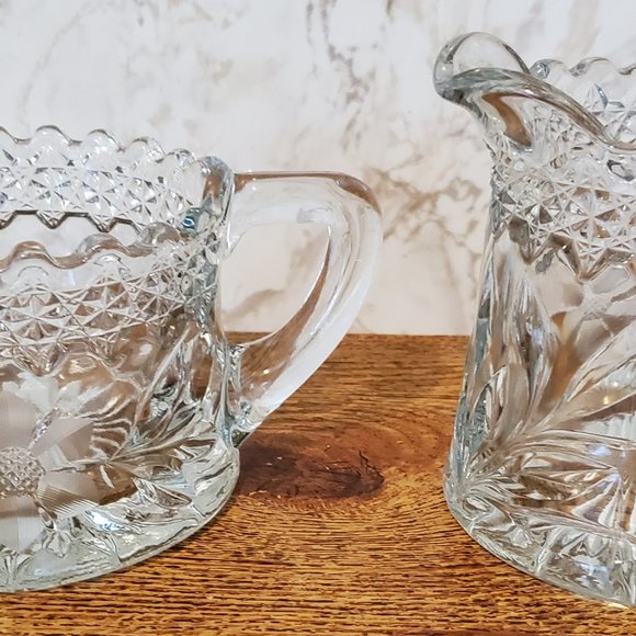 Vtg/MCM Clear Cut Glass creamer & sugar w/etched patterned flowers sunburst - Picture 1 of 4